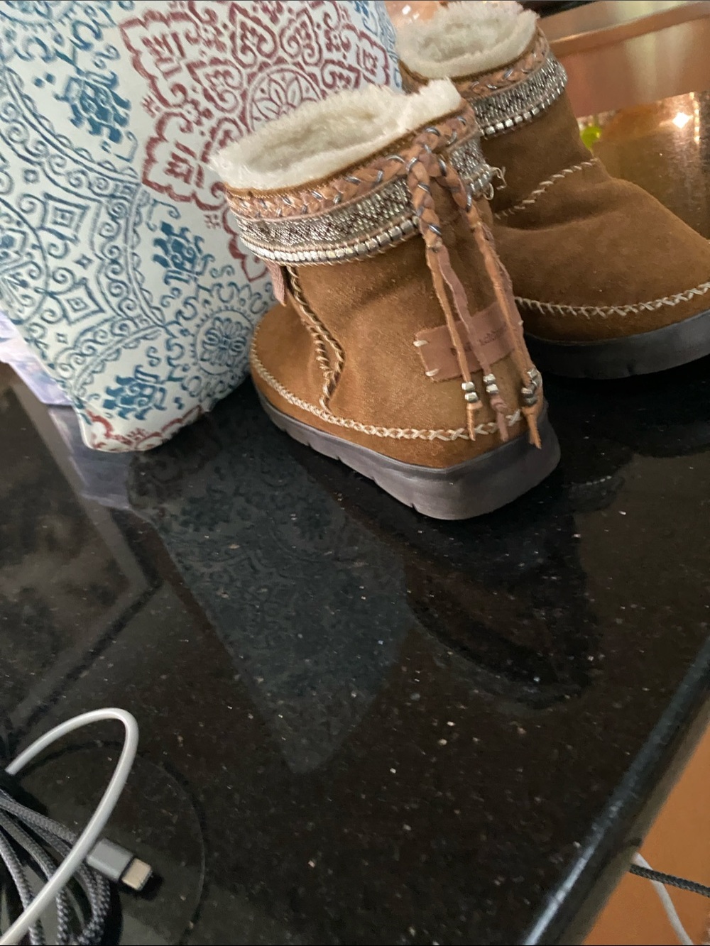 Suede Shearling Ankle Boots with Beaded Trim - Chestnut